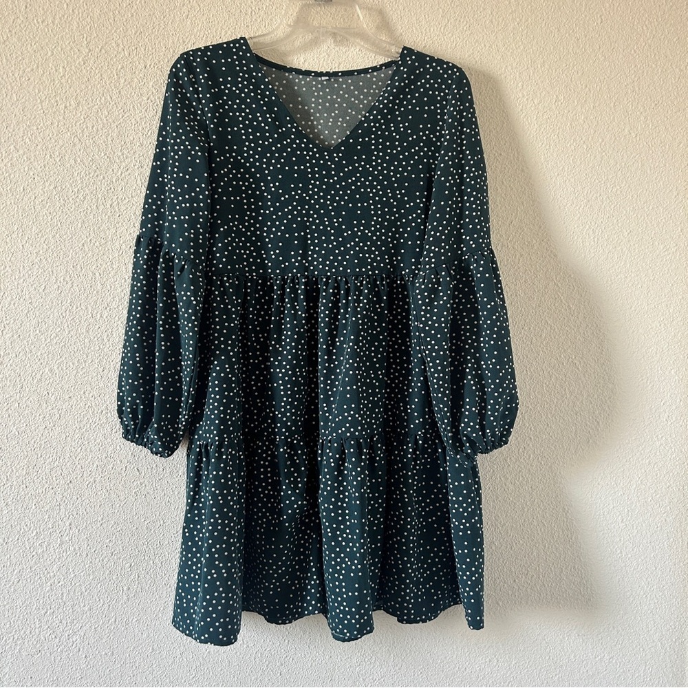 Babydoll Polkadot Tiered Short Dress 3/4 Bell Sleeves Women’s S Green Western